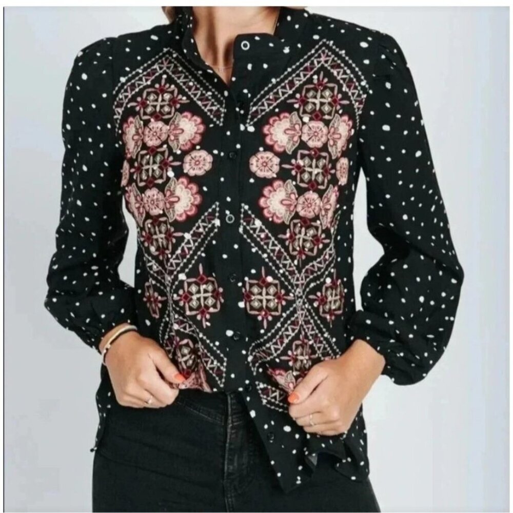 Savanna Jane Polka Dot Shirt Size S Black Embroidered‎ Floral Button-Down Boho